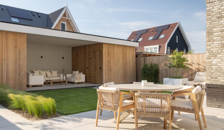 Onderhoudsvriendelijke nieuwbouwtuin met overkapping